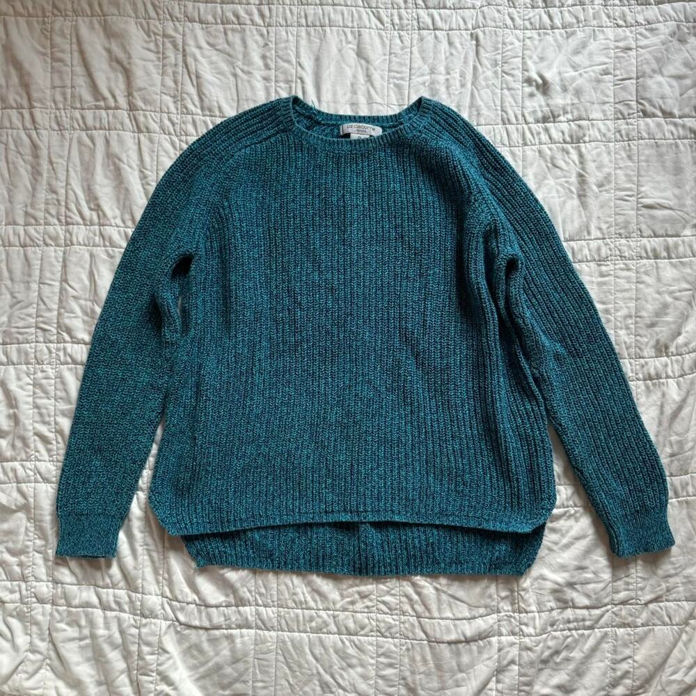 Marled jewel tone blue chunky knit sweater sz LP cotton cozy fisherman coastal